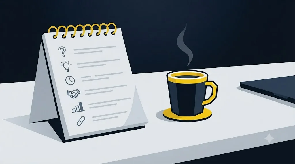 Illustration of a handwritten list of questions to ask a marketing agency during a meeting