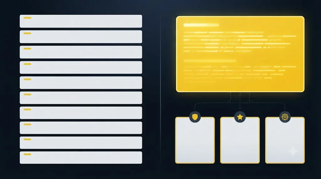 Illustration comparing a list of search results with a single AI answer that names three sources