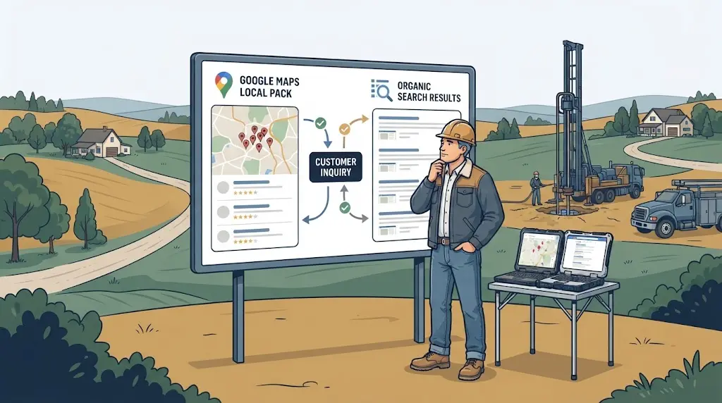 Illustration of a well contractor comparing Google Maps and organic search on a territory planning board