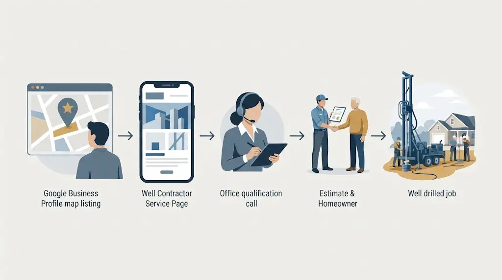 Illustration of a Google Business Profile handoff to a well contractor service page, phone call, and office qualification