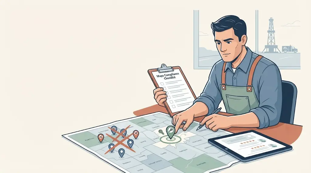 Illustration of a well contractor reviewing a risk checklist with fake location pins crossed out and owner access keys protected