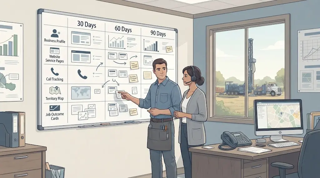 Illustration of a 30 60 90 day marketing review board in a well drilling office with profile, website, call, and job cards