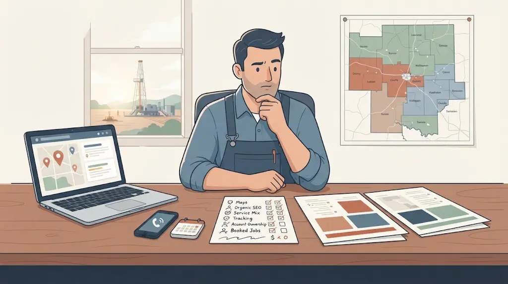 Illustration of a well company owner comparing two marketing proposals with channel criteria, tracking requirements, and account ownership notes