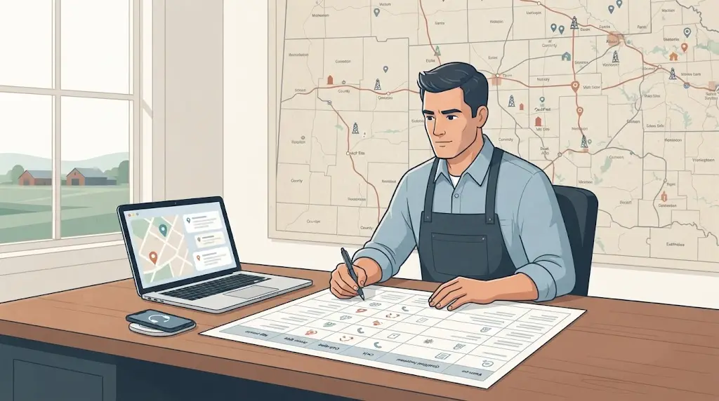 Illustration of a well contractor using a visibility audit worksheet with Maps checks, service pages, calls, and booked jobs