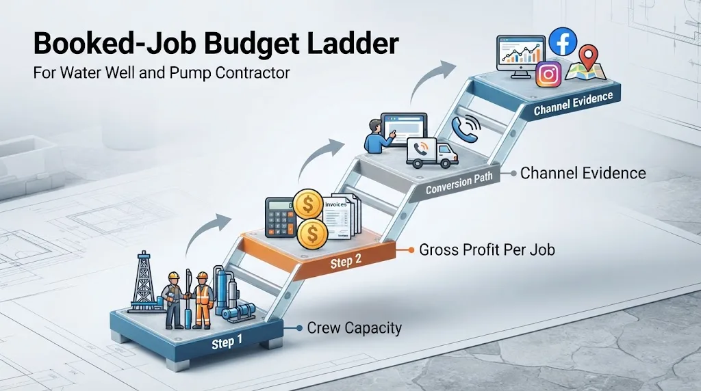 Illustration of a well contractor reviewing a marketing budget beside a drilling rig