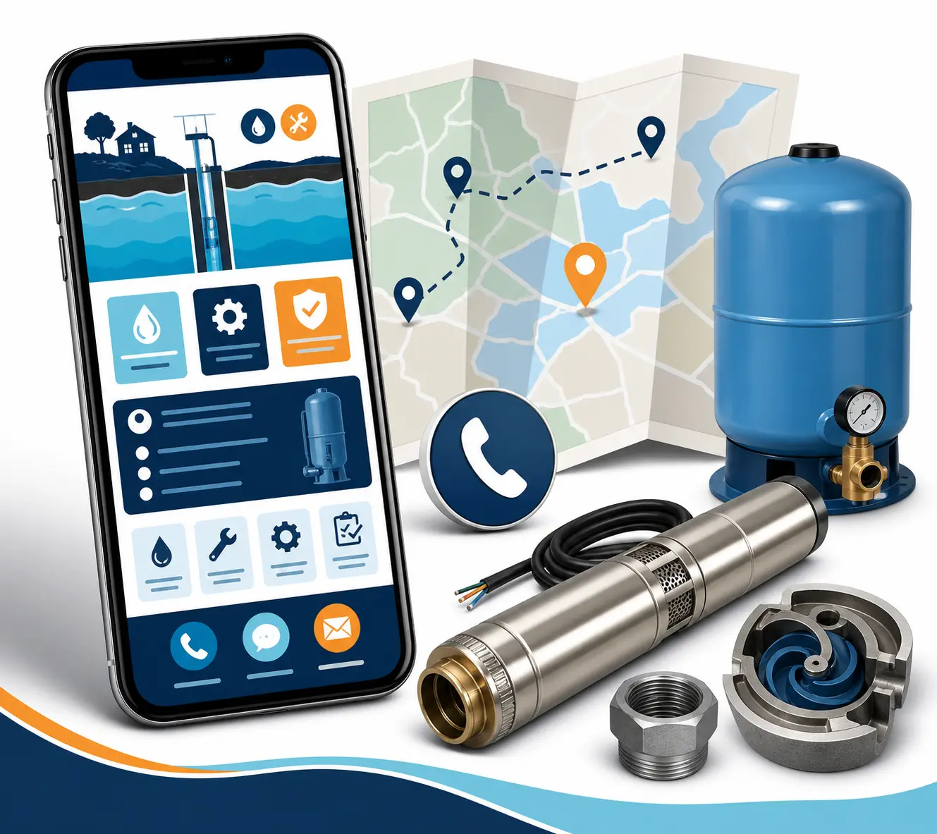 Illustration of a mobile pump repair service page showing territory, services, proof, and call options