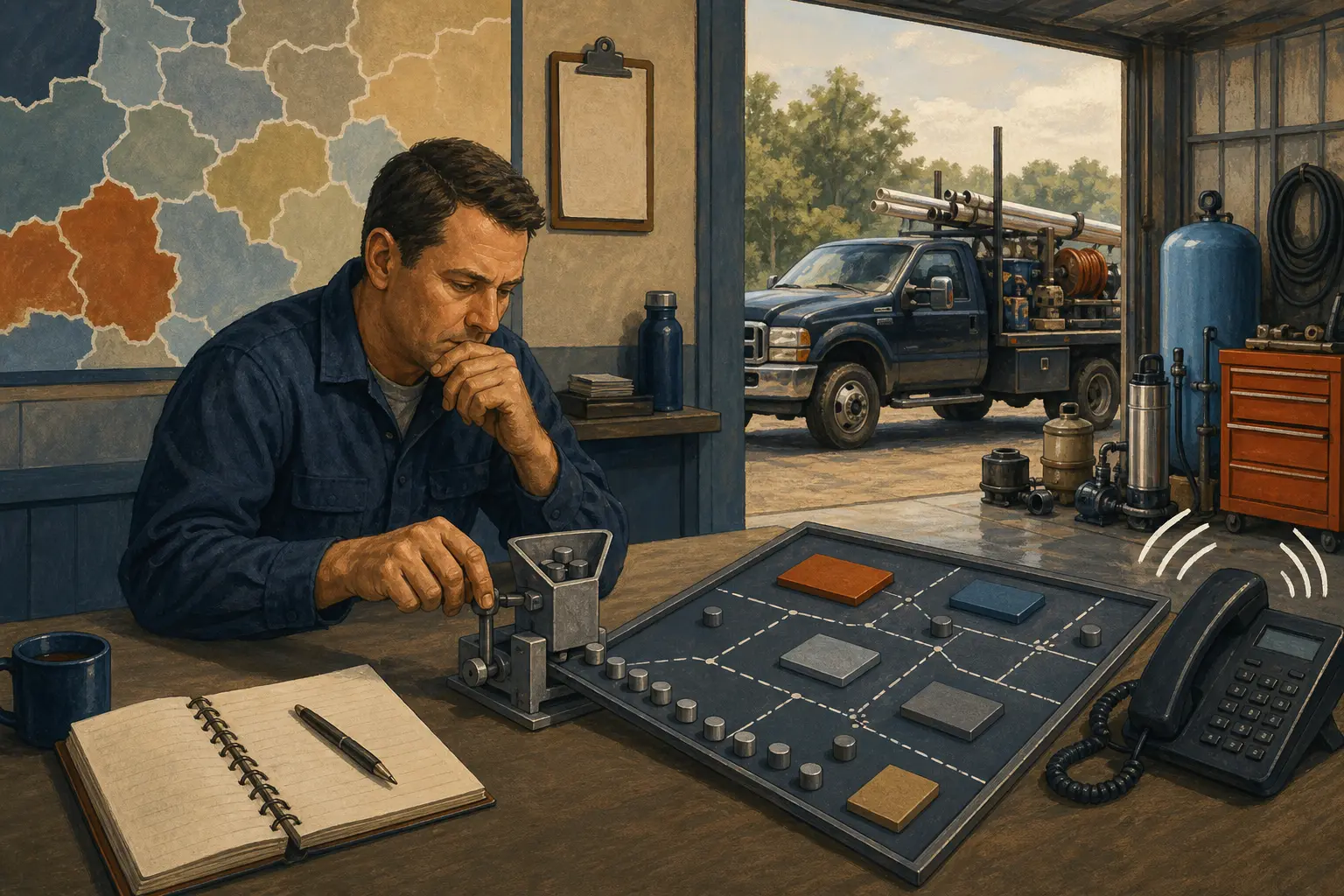 Illustration of a pump repair owner using a capacity gate before increasing marketing spend
