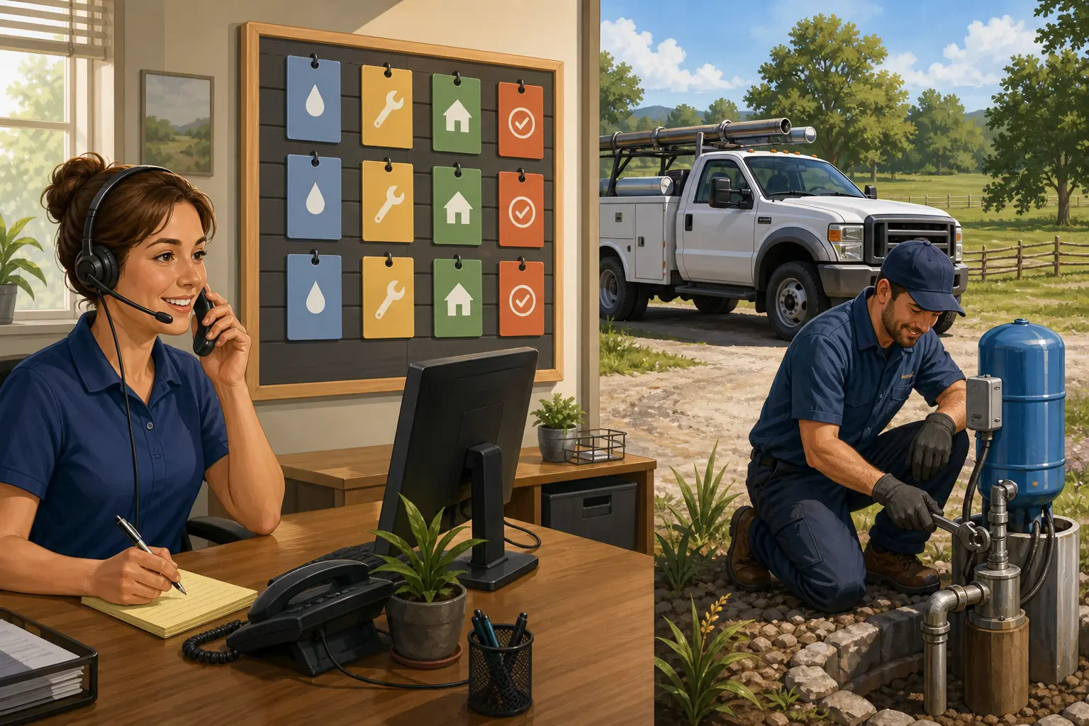 Illustration of a well pump company turning qualified repair calls into booked and completed jobs
