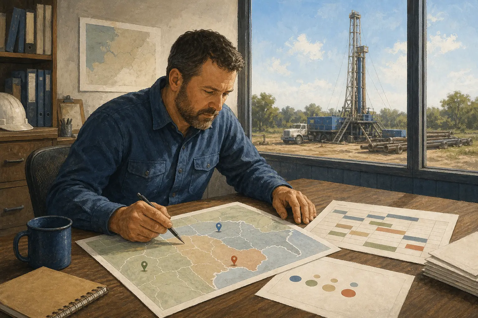 Illustration of a well drilling company owner planning job sources across a service territory map