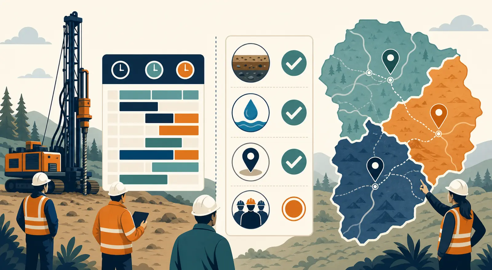 Illustration of a drilling rig schedule beside a job-fit checklist and service territory map