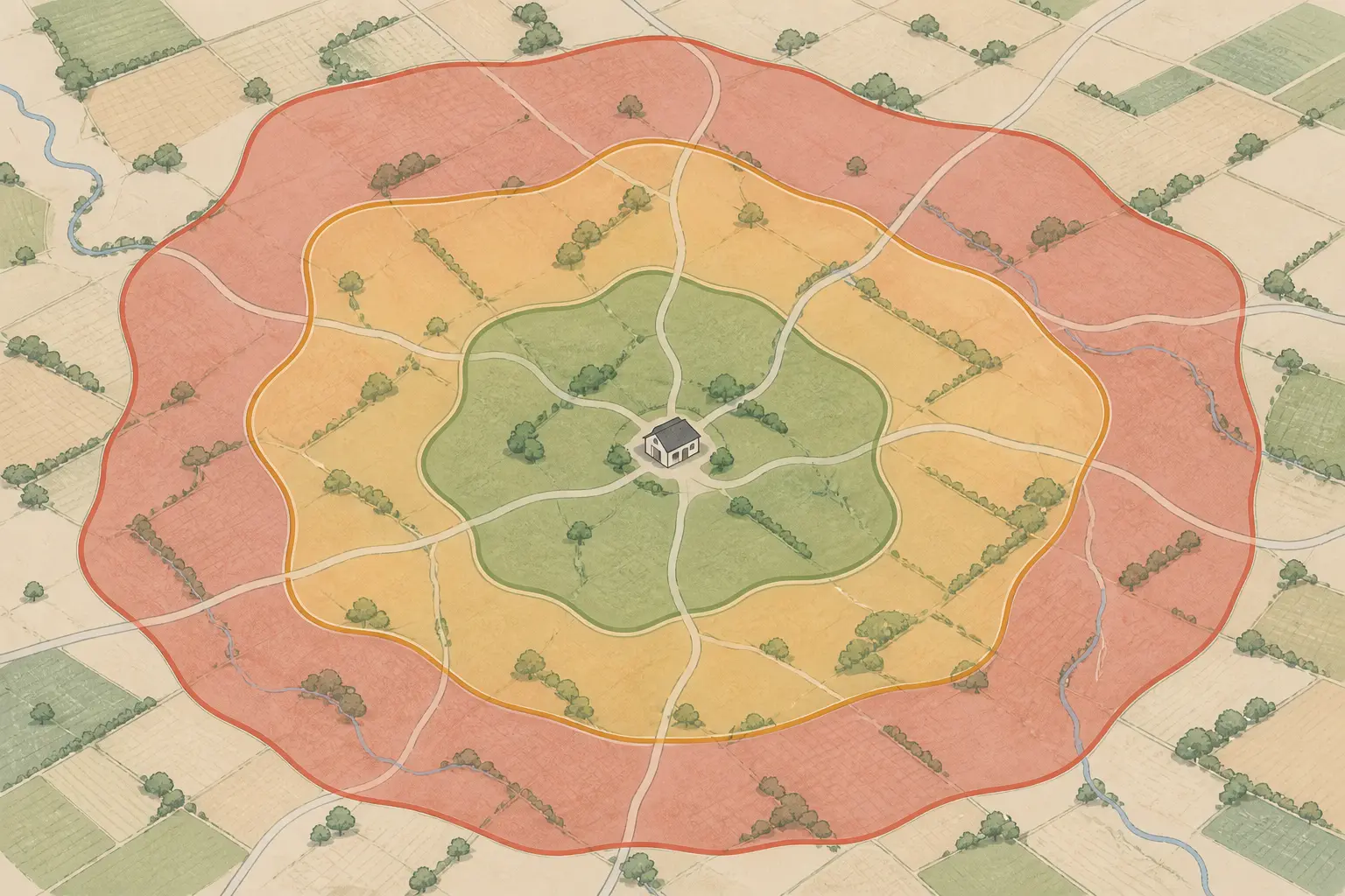 Illustration of a three-zone service territory map with core, selective, and do-not-chase areas