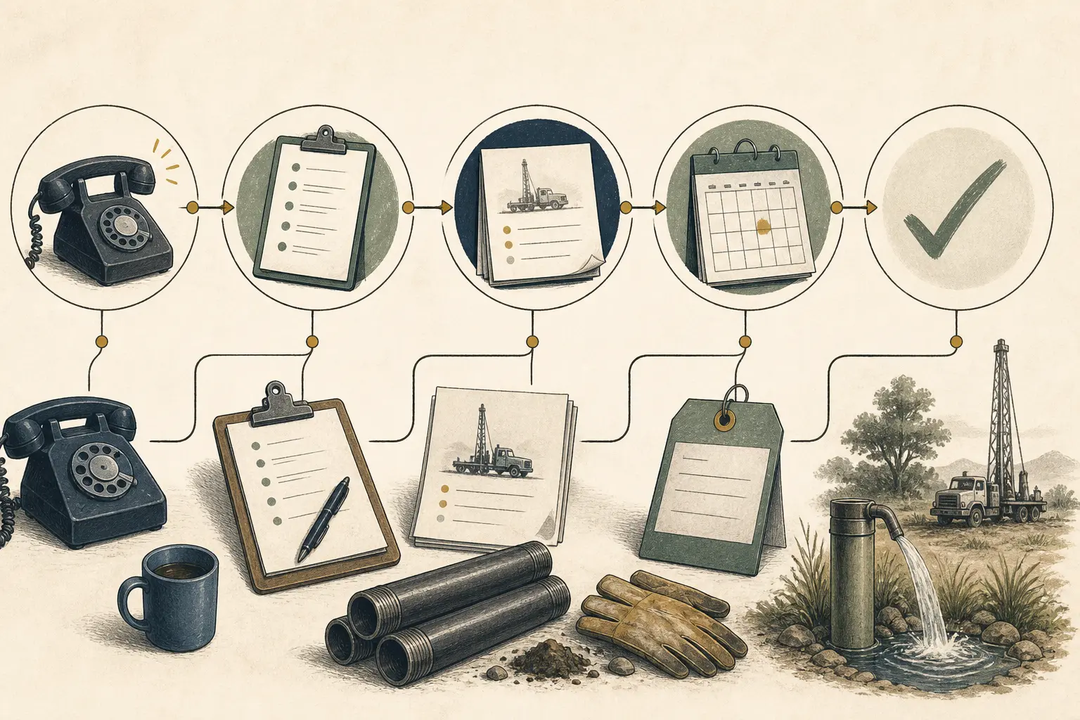 Illustration of a source-to-booked-job ledger tracking calls, estimates, and completed drilling work
