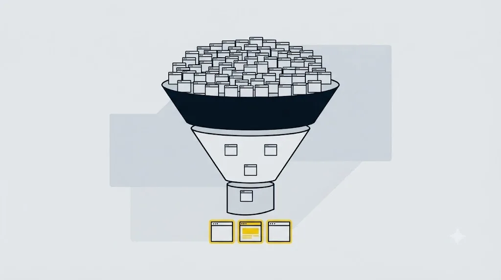 Illustration of a funnel narrowing many web pages down to the few sources a ChatGPT answer actually cites