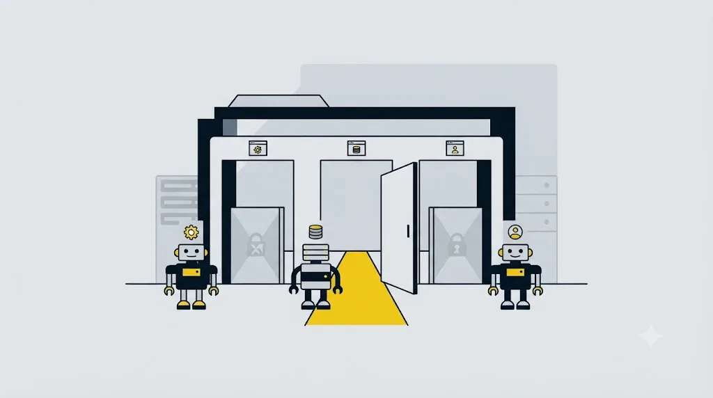 Illustration of three OpenAI crawlers named GPTBot, OAI-SearchBot and ChatGPT-User at a website gate