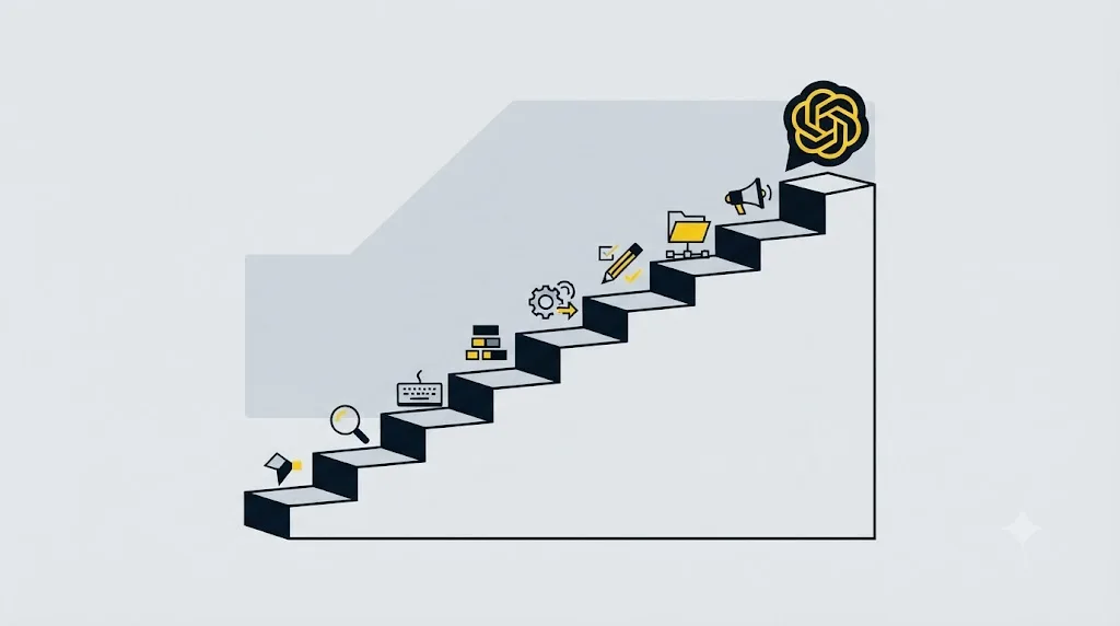 Illustration of a nine-step staircase leading up to a ChatGPT answer bubble