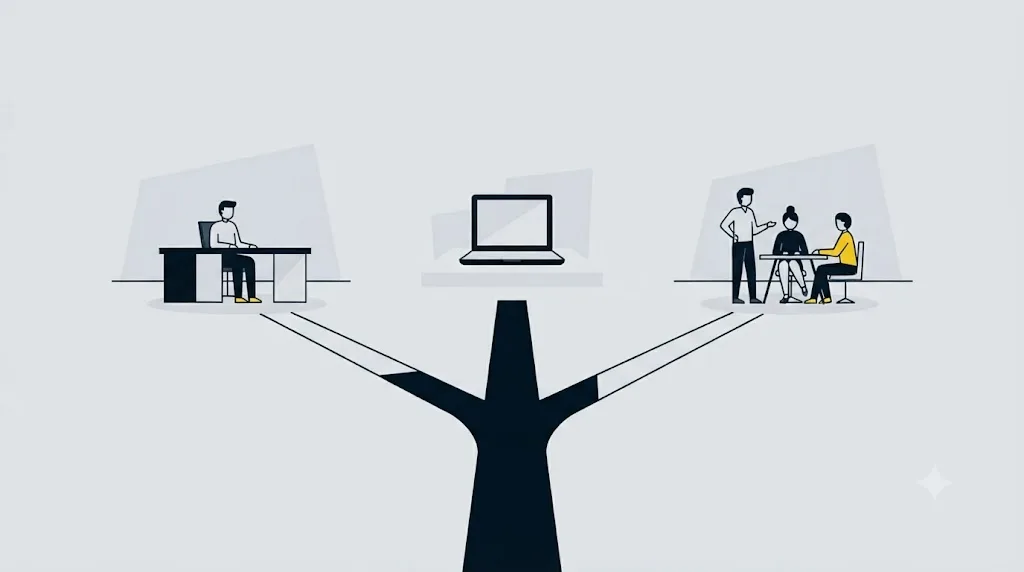Illustration of three paths representing in-house, tracking tool and agency options for ChatGPT visibility work
