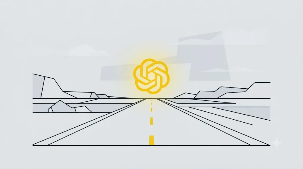 Illustration of a road leading toward a glowing chat icon on the horizon, representing the path to being mentioned in ChatGPT
