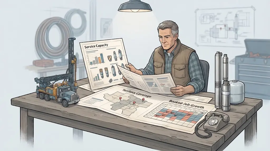 Illustration of a US well drilling owner reviewing service capacity, territory coverage, and booked-job growth