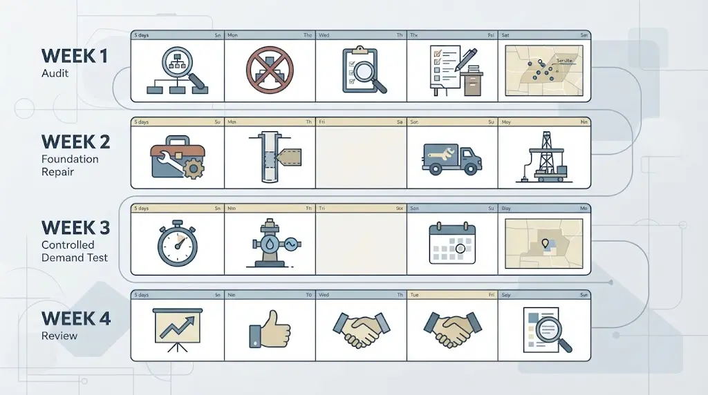 Illustration of a 30-day growth plan divided into audit, repair, controlled test, and review phases for a well drilling company
