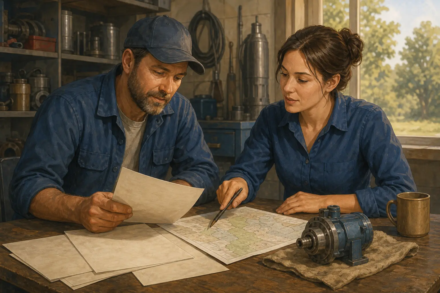 Illustration of a well pump company reviewing repair pricing and booked-job data