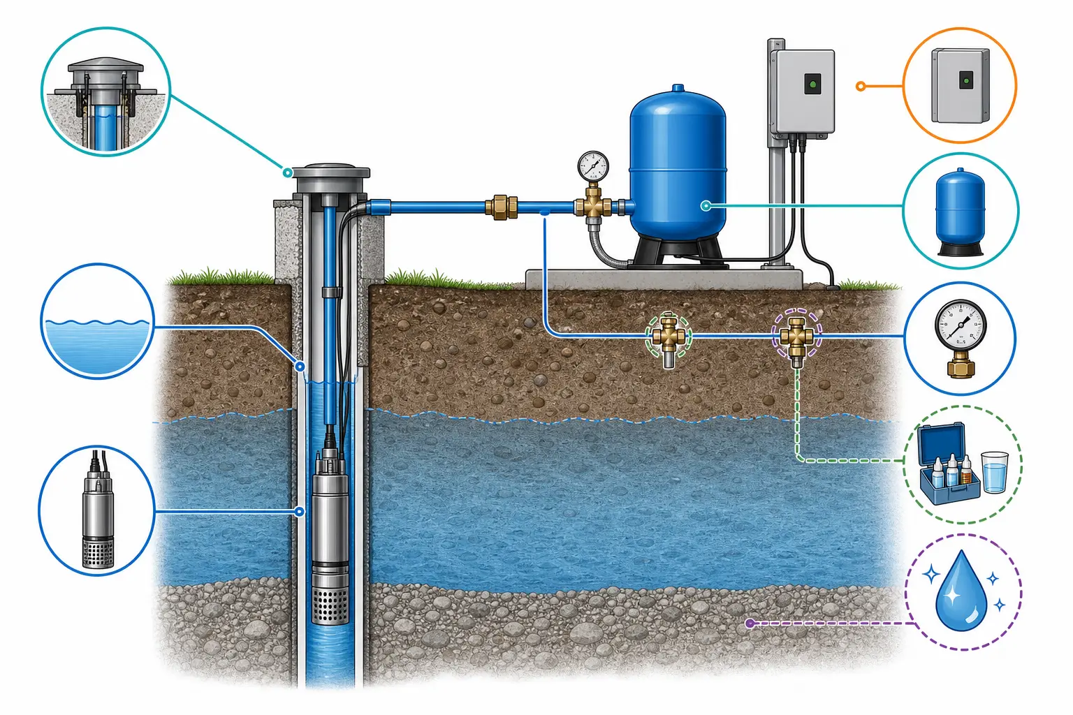 Illustration of a well pump repair scope with system and compliance checkpoints