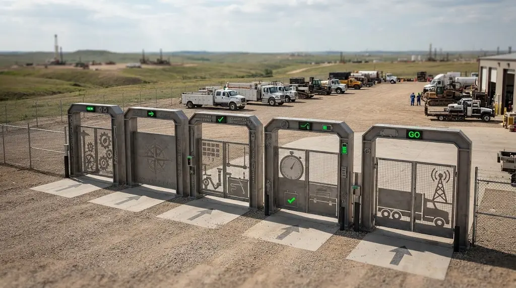 Illustration of five connected dispatch qualification gates for a well drilling company