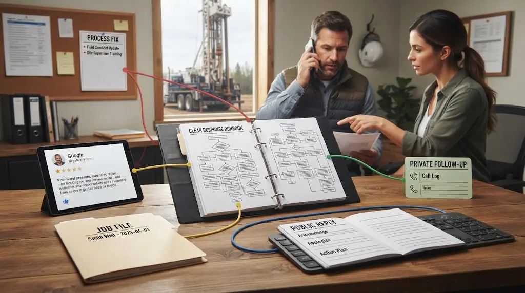 Illustration of the CLEAR response runbook for a well drilling company negative review