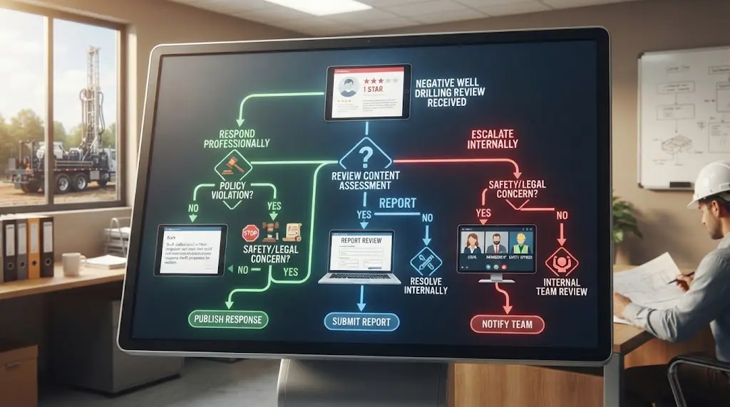 Illustration of public-safe negative review response templates for a well contractor