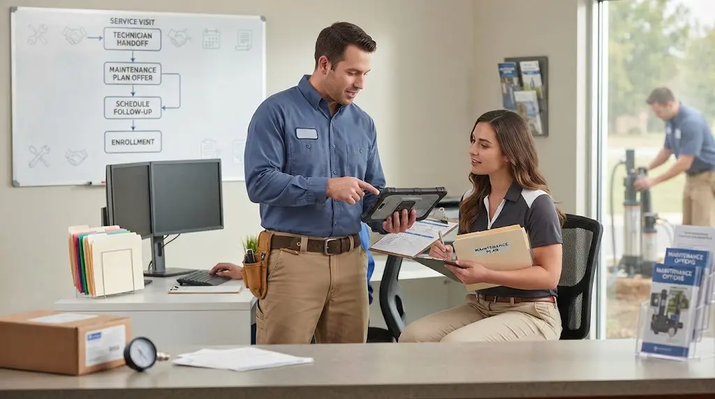 Illustration of a well pump technician and office coordinator handing off a maintenance plan follow-up