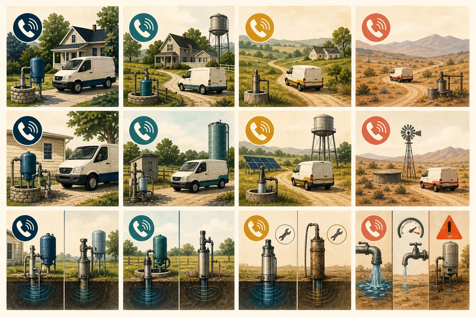 Illustration of a well contractor AI visibility prompt panel organized by service and territory