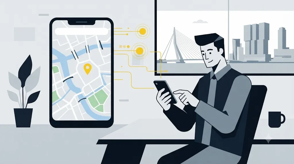 Illustratie van een Rotterdamse ondernemer die op een telefoon een lokale zoekopdracht met wijknaam intypt