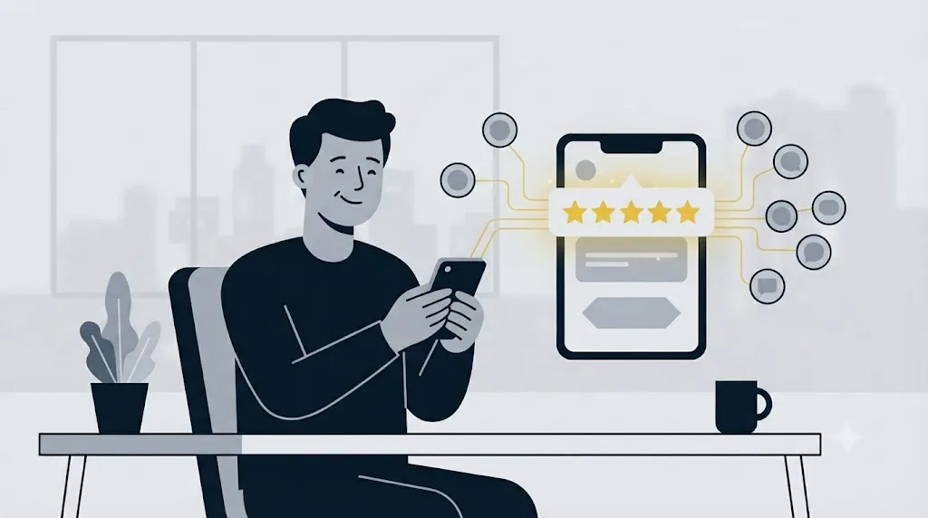 Illustratie van een klant die op een telefoon een echte review achterlaat voor een lokaal bedrijf in Rotterdam