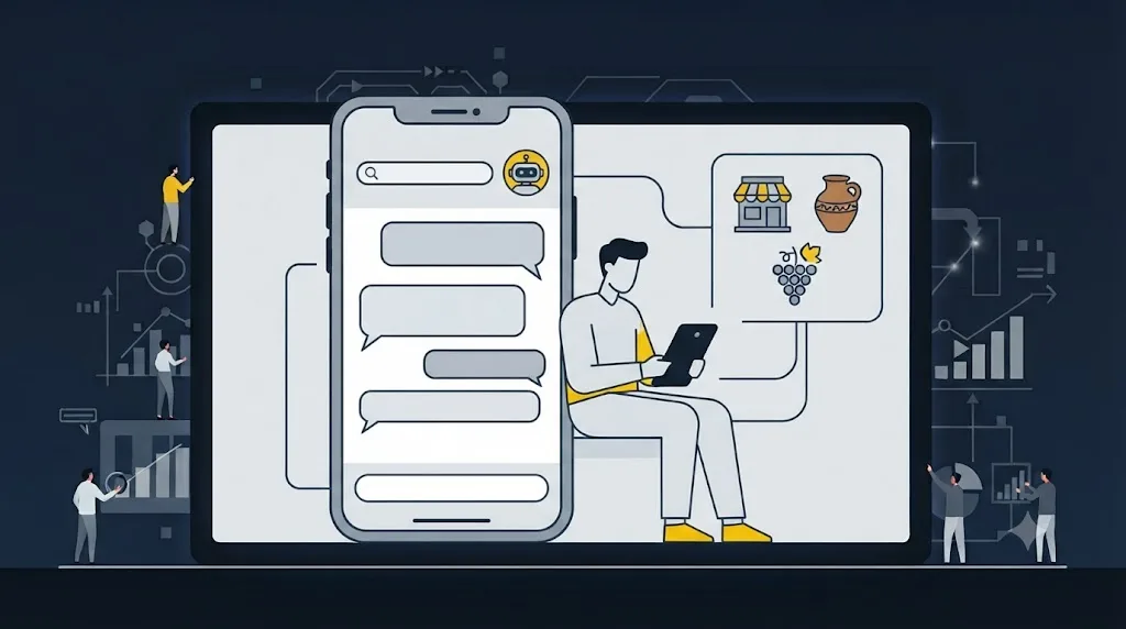 Ilustrație cu o persoană care testează întrebări despre o afacere locală în ChatGPT