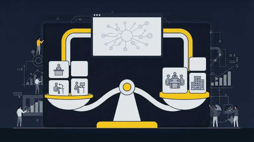 Ilustrație cu o balanță care compară lucrul individual și o agenție pentru optimizarea la ChatGPT