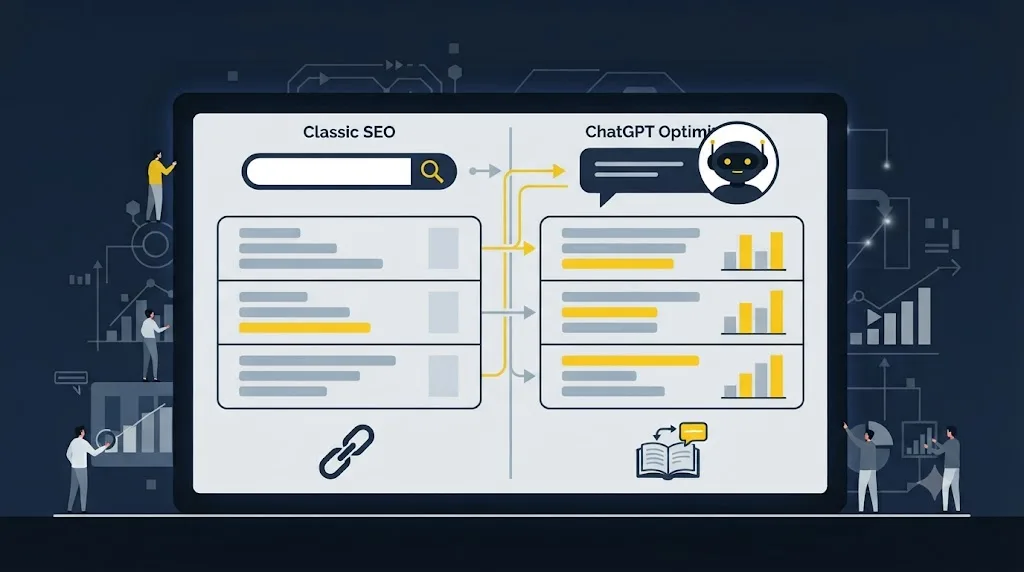 Ilustrație cu o comparație vizuală între SEO clasic și optimizarea pentru ChatGPT