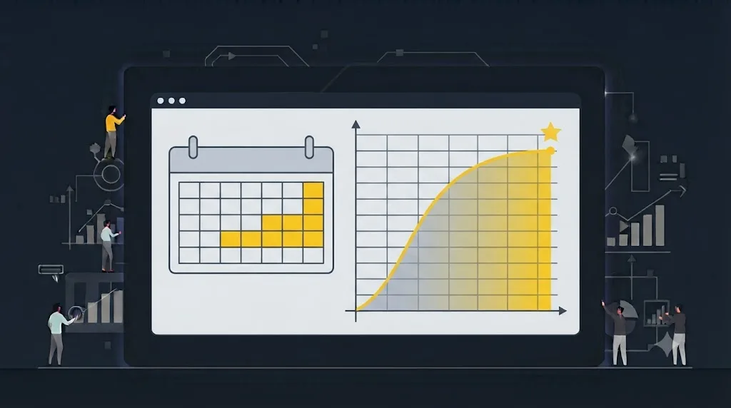 Ilustrație cu un calendar și un grafic de creștere pentru rezultatele optimizării la ChatGPT