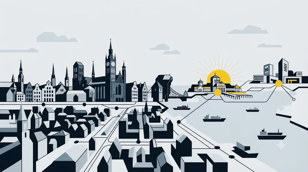 Ilustracja przedstawiająca panoramę Trójmiasta z zaznaczonymi trzema miastami jako jednym rynkiem konkurencyjnym
