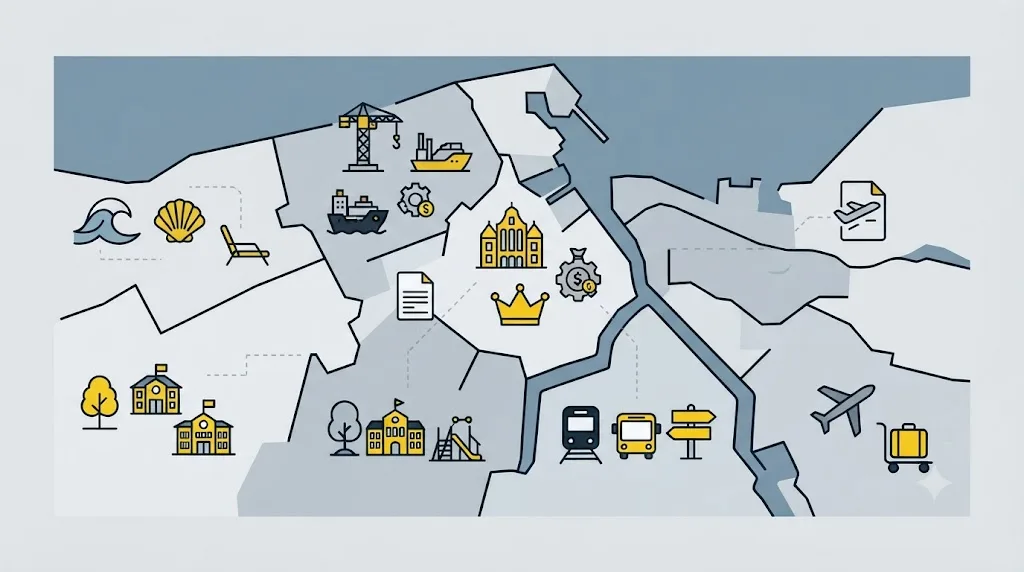 Ilustracja przedstawiająca mapę dzielnic Gdańska z ikonami słów kluczowych