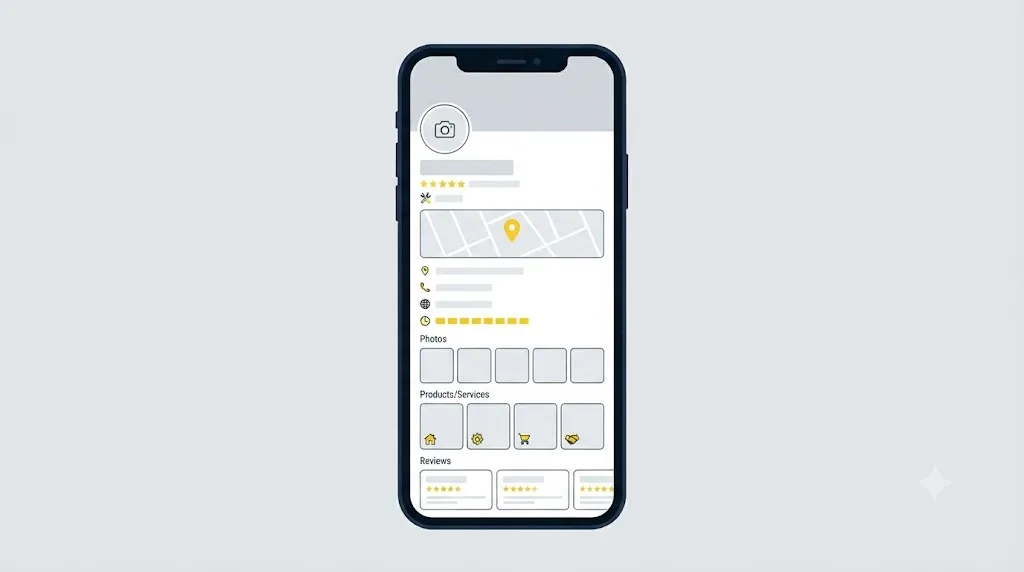 Ilustracja przedstawiająca kompletny Profil Firmy w Google na ekranie telefonu