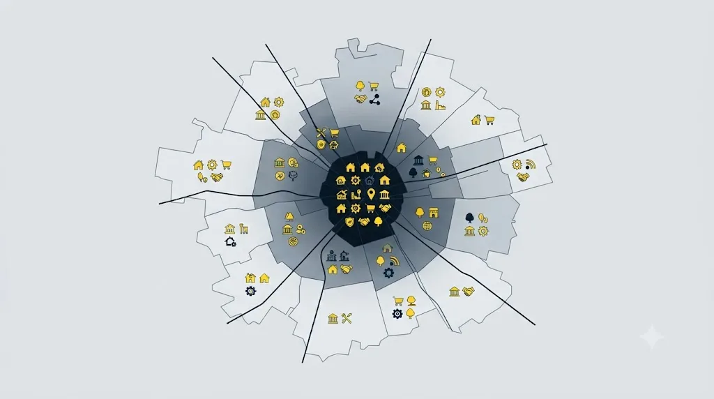 Ilustracja przedstawiająca mapę dwudziestu dwóch dzielnic Katowic z ikonami słów kluczowych
