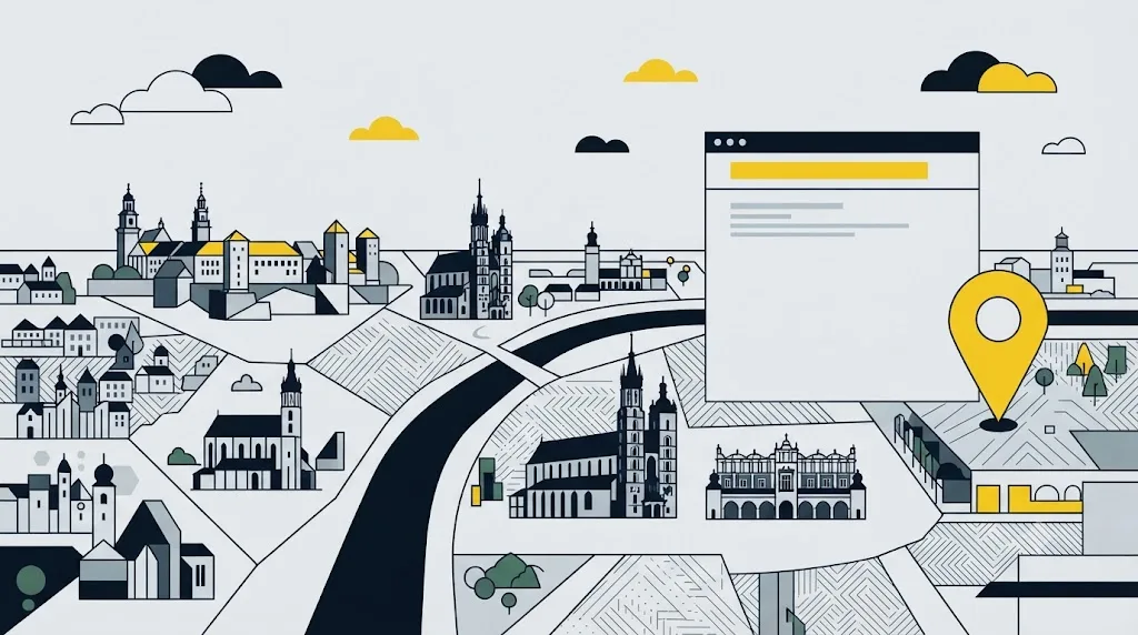 Ilustracja przedstawiająca panoramę Krakowa z pinezką lokalizacji nad wynikiem wyszukiwania Google