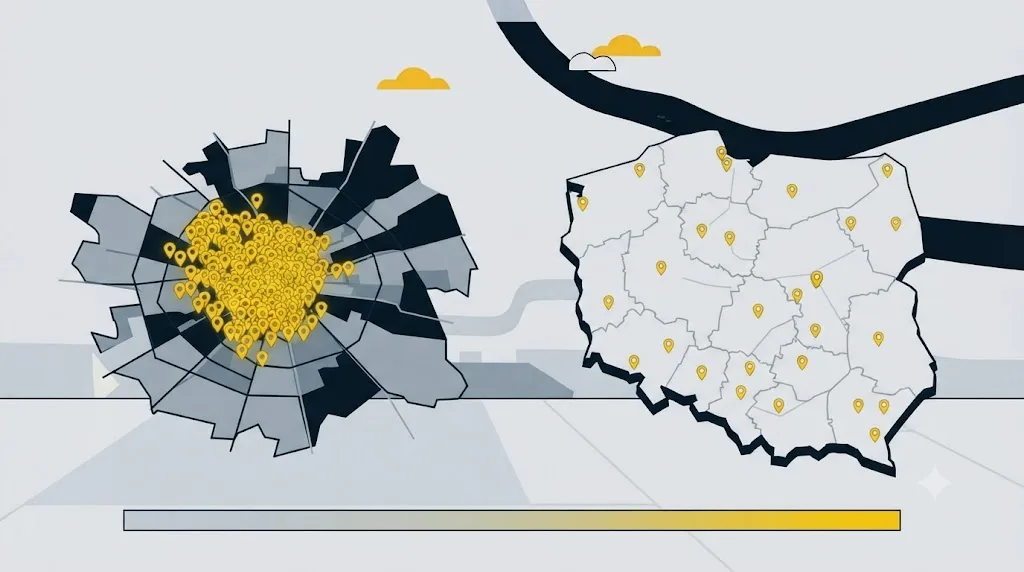 Ilustracja przedstawiająca porównanie pozycjonowania lokalnego i ogólnopolskiego dla firmy z Krakowa