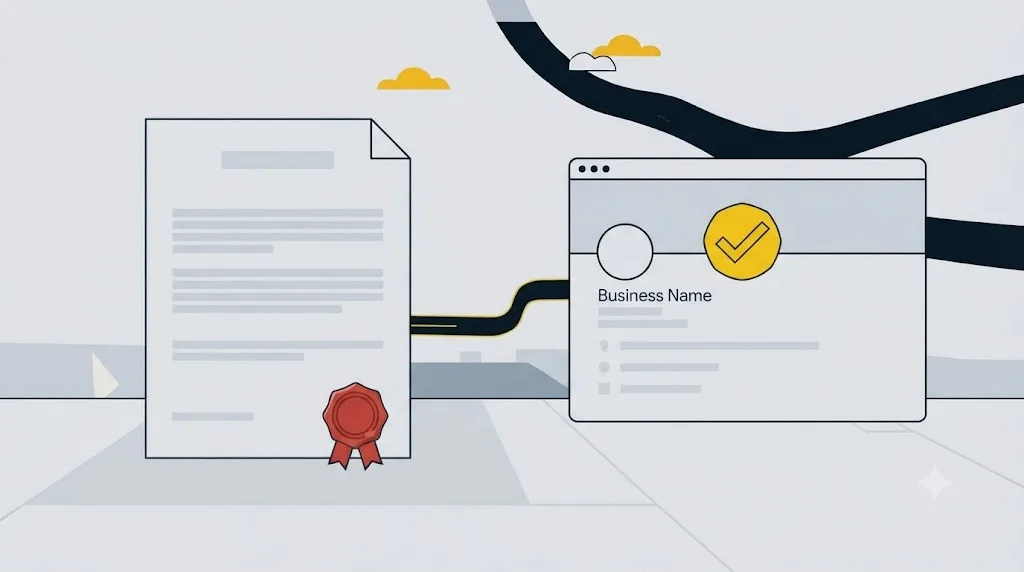 Ilustracja przedstawiająca dokument prawny obok aktywnego profilu firmy w Google