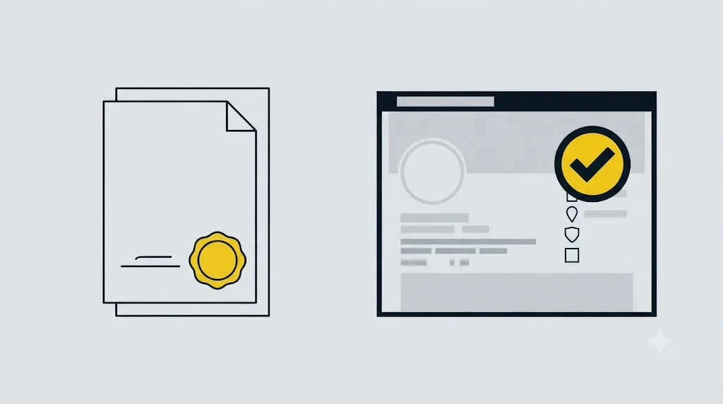 Ilustracja przedstawiająca dokument prawny obok aktywnego profilu firmy w Google