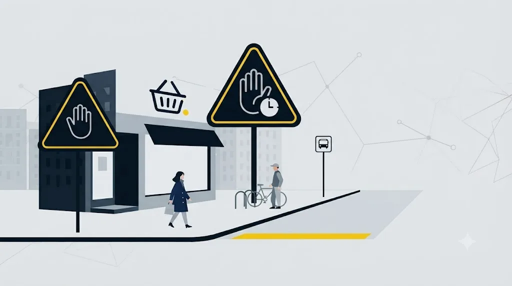 Ilustracja przedstawiająca znak stop obok małego sklepu na osiedlu we Wrocławiu