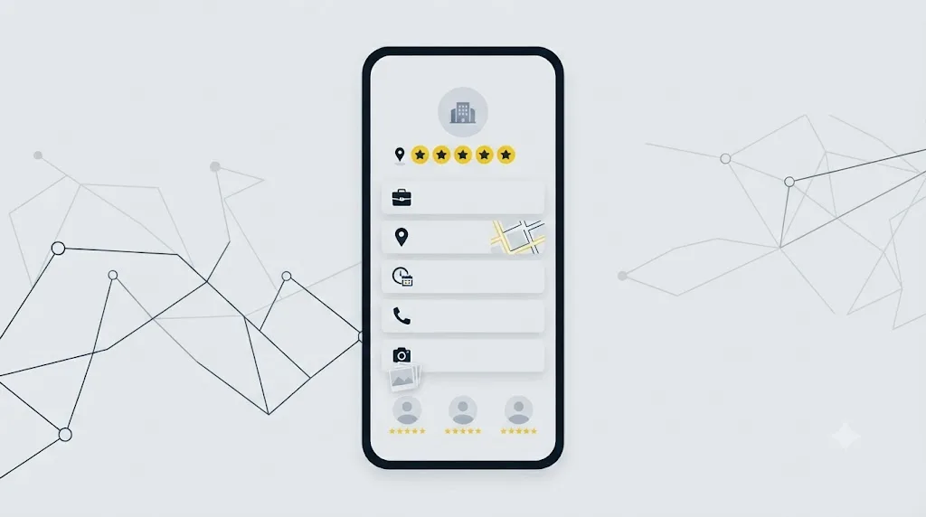Ilustracja przedstawiająca kompletny Profil Firmy w Google na ekranie telefonu