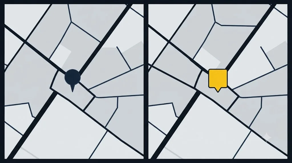 Ilustrație cu un pin promovat pătrat lângă pin-uri obișnuite rotunde pe Google Maps