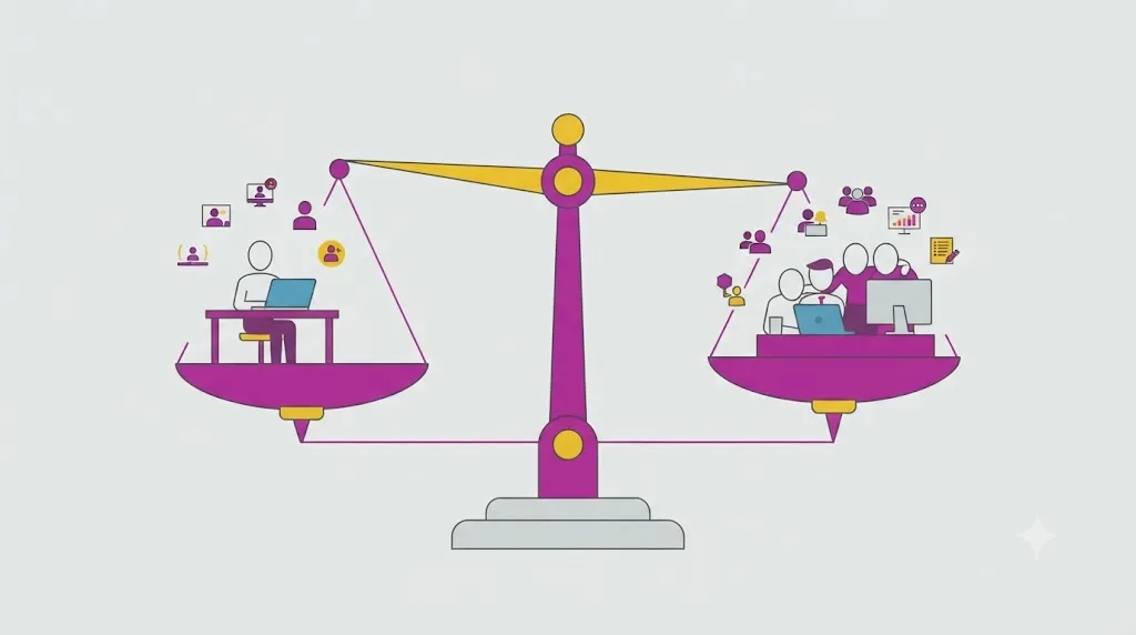 Illustration af en vægtskål, der sammenligner en freelancer med et team fra et SEO bureau