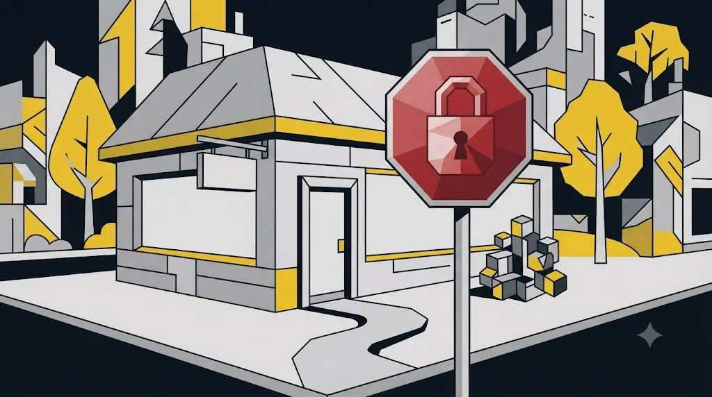 Illustration af et stopskilt ved siden af en lille butik som symbol på, at et SEO bureau ikke passer til alle
