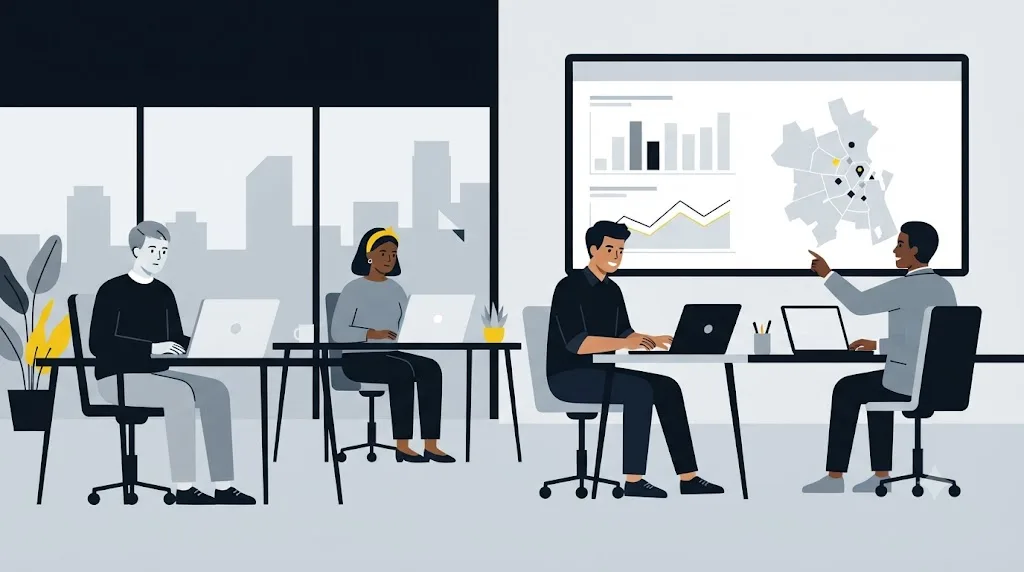Illustration af et team, der arbejder på afstand med søgemaskineoptimering for en virksomhed i Aarhus
